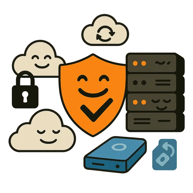 A smiling HostGrin shield guarding servers, clouds and a backup drive