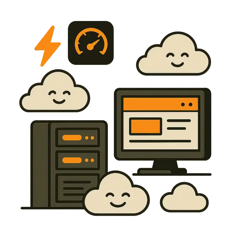 A smiling server and clouds beside a speed gauge and a website on a monitor